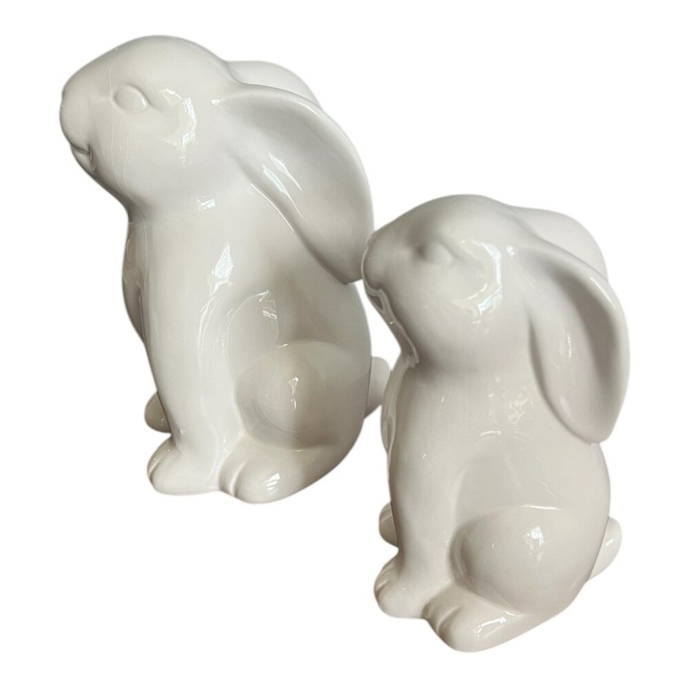 2 Ceramic Bunny Rabbit Statues 8" & 6" Tall Tabletop Figurines Easter Spring